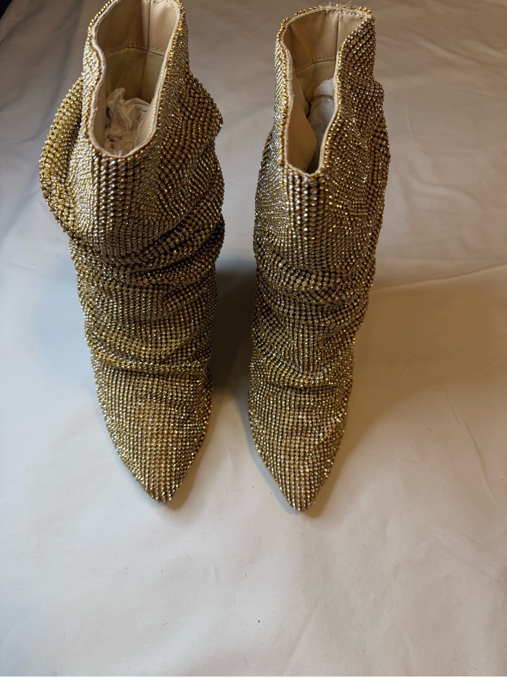 Crystal-Embellished Gold Pointed-Toe Ankle Booties